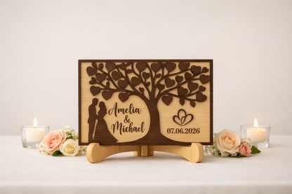 Personalise Wooden Wedding Table Sign with Tree and Couple Design image 0