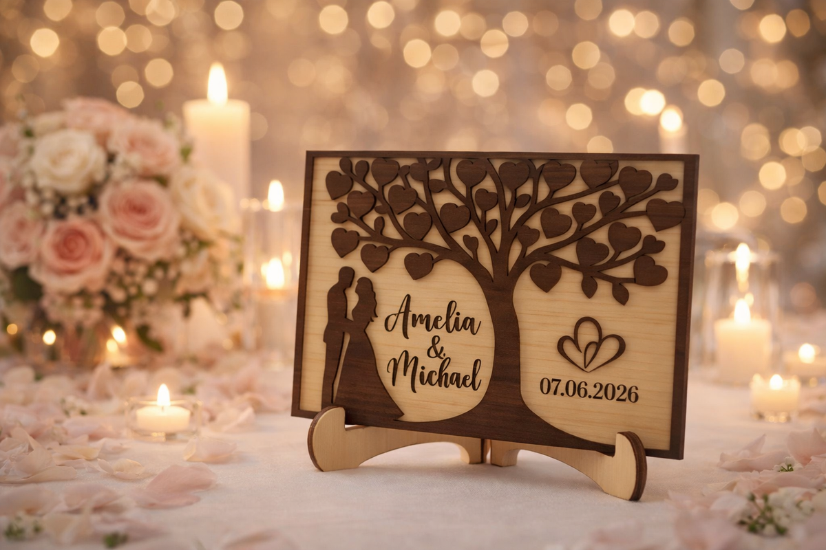 Personalise Wooden Wedding Table Sign with Tree and Couple Design image 1
