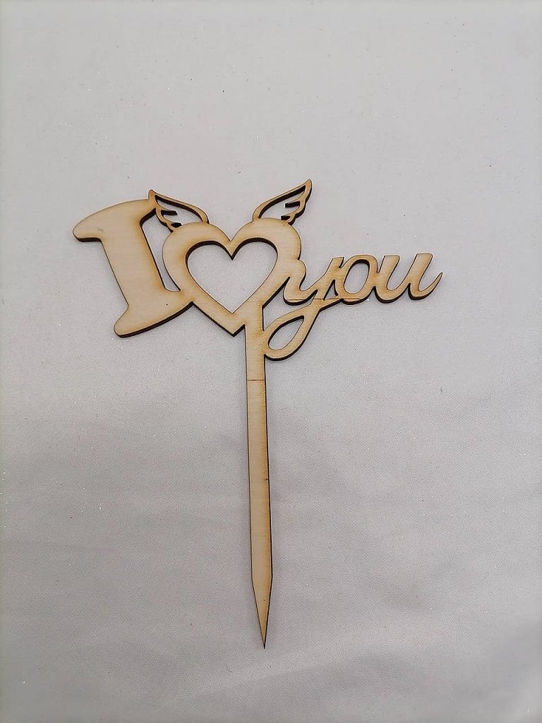 Laser Cut "I ❤️ You" Heart with Wings Wooden Cake Topper image 0
