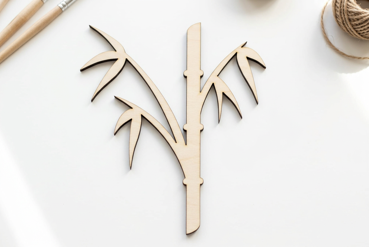 Bamboo-shaped basswood cut-out in a bright white craft studio