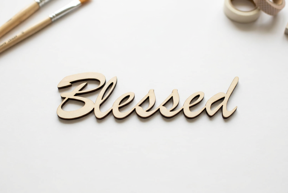 Blessed word cut-out with a natural basswood finish in a bright white craft studio