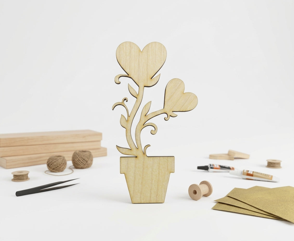 Flower Pot & Hearts Wooden Craft Cut-Out – Basswood