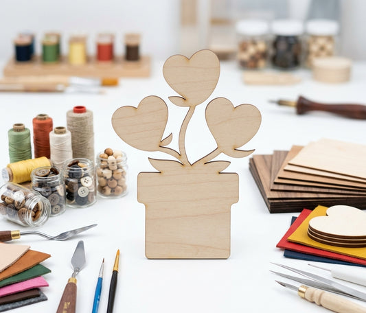 Heart-Leaf Plant Pot Wooden Craft Cut-Out – Basswood