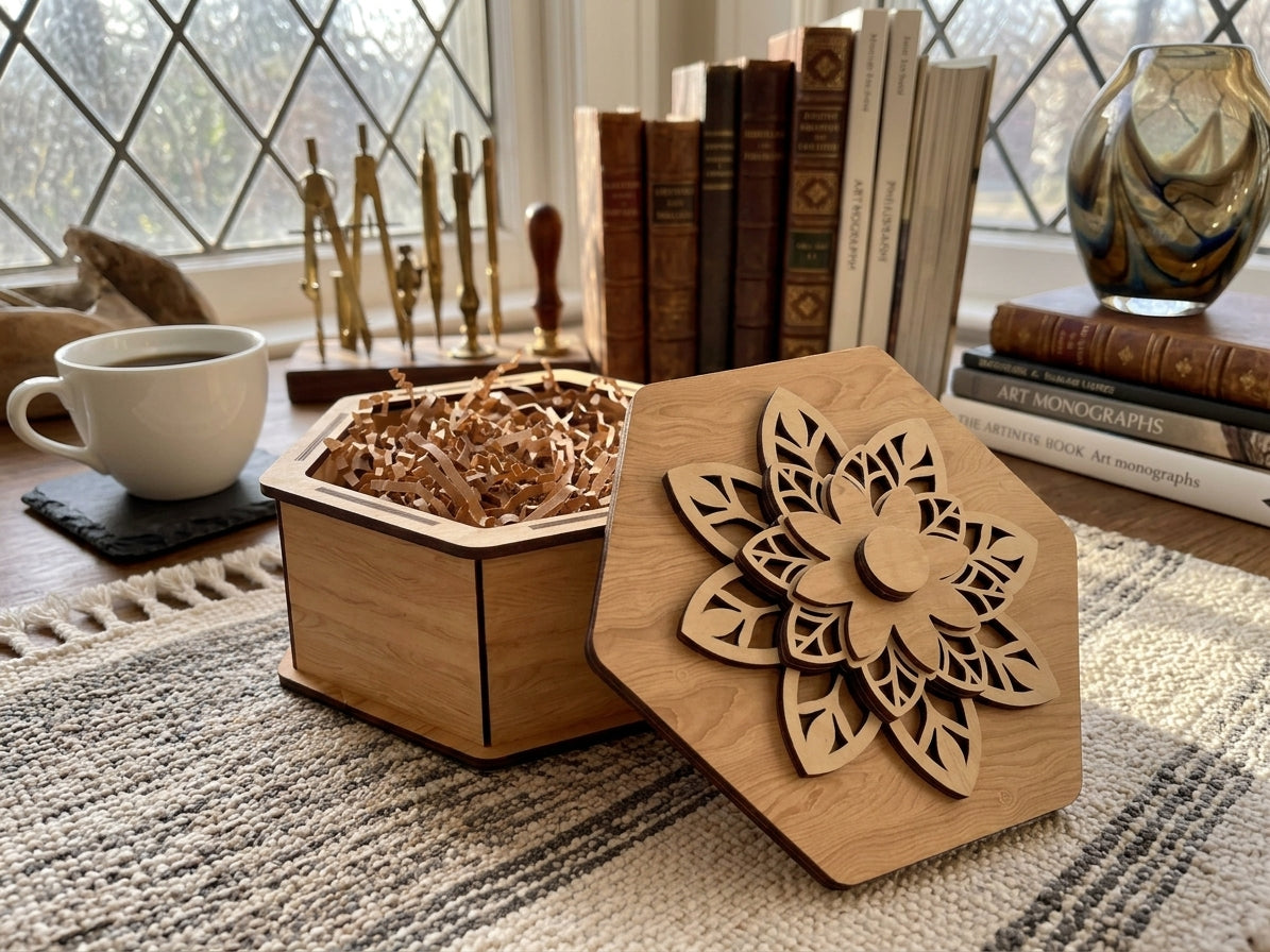 Hexagonal Wooden Keepsake Box with Floral Lid
