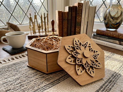 Hexagonal Wooden Keepsake Box with Floral Lid